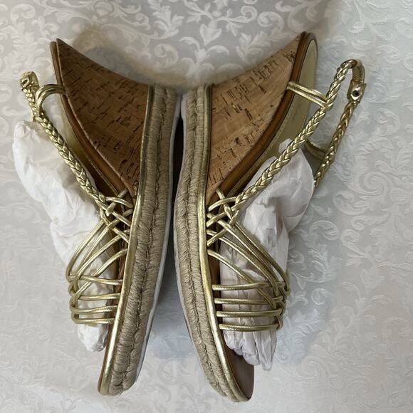 Cole Haan Andra 8.5 Gold Leather Braided Slingback Cork Wedge Sandals Womens 4" - Picture 5 of 8